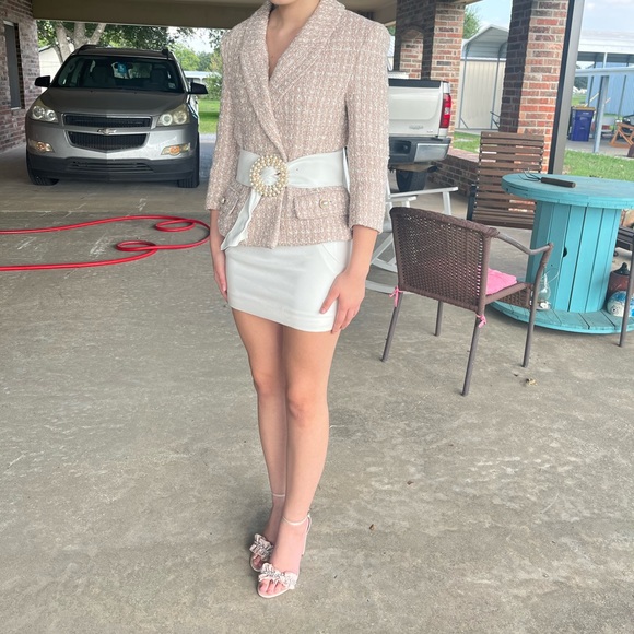 TWEED TAN WHITE HOMECOMING SUIT HAT DRESS GUC ALTERED PEARL BUTTONS WOOL HAT SM - Picture 4 of 12